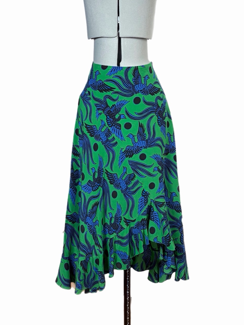 Kenzo Silk Asymetrical Hem Midi Skirt, green w/blue birds, 34 runs bigger, EUC
